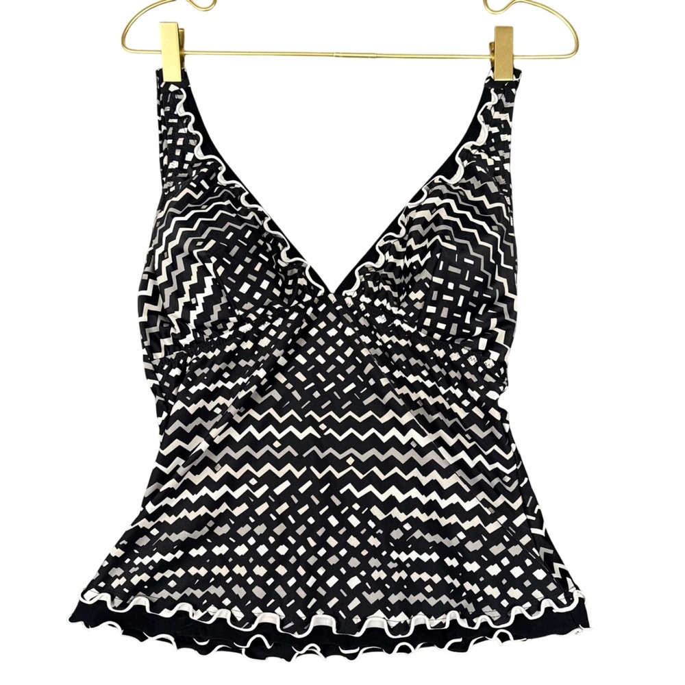 Profile Geometric Chevron Tankini Top Black White Grey Lettuce Edge Ruffle